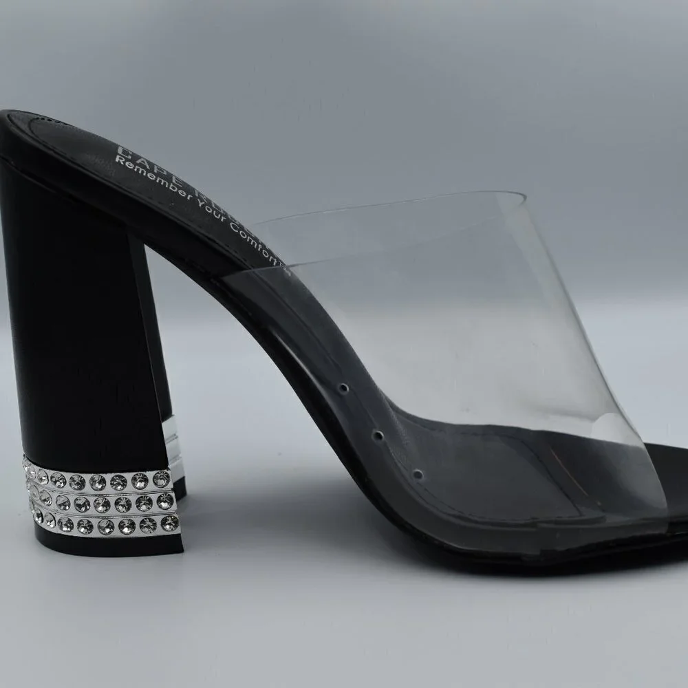 Party Shoes Cape Robbin Clear and Black Open Toe Rhinestone Heels